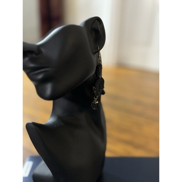 Beaded Drop Earrings Black, Seed Beaded Disc Drop Earrings, Statement 3.5” - Picture 3 of 10